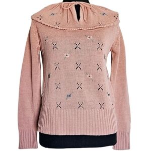 Vintage 80s Cottagecore Coquette Twee Floral Embroidered Bow Blush Sweater Sz S